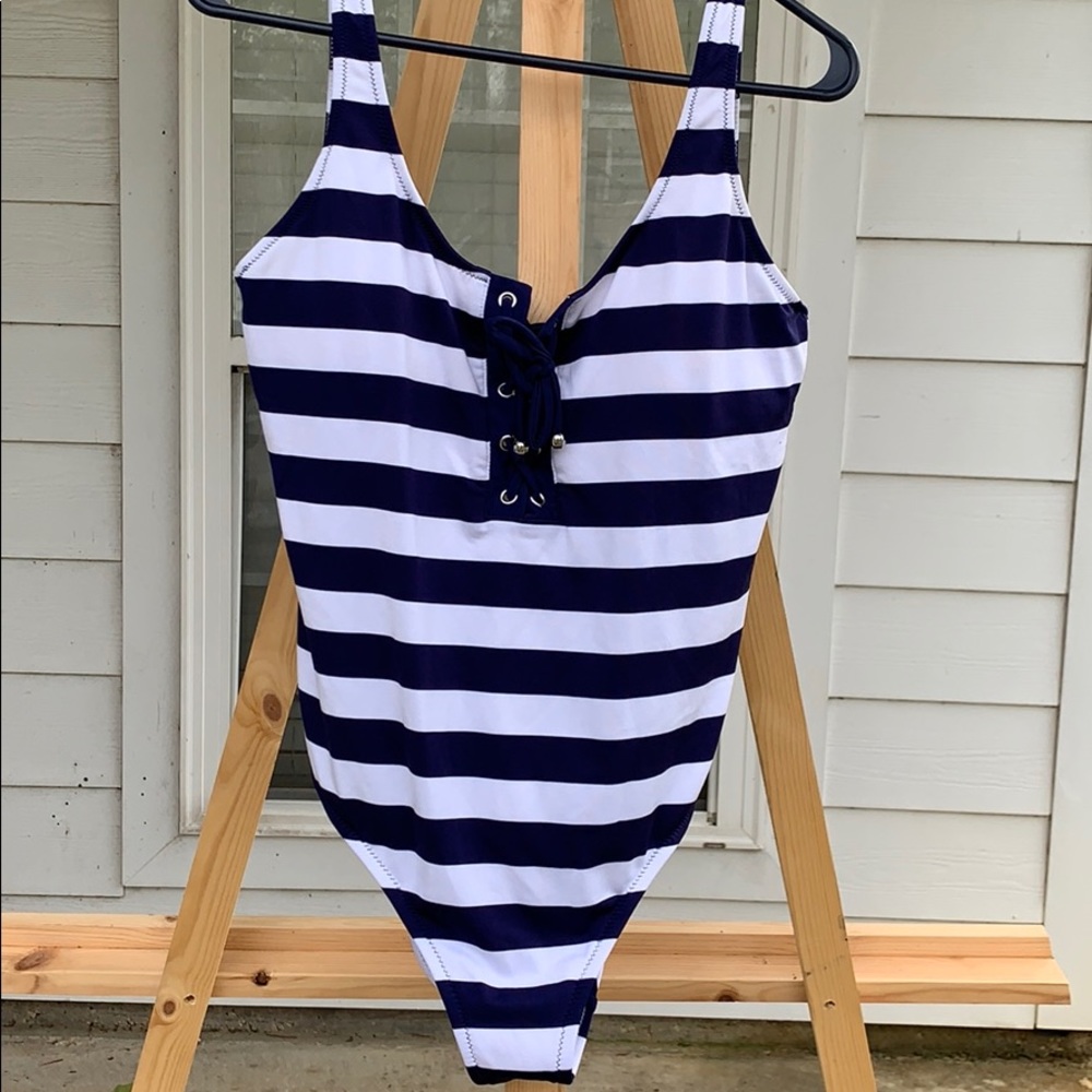 Mossimo navy/white striped one piece swim suit